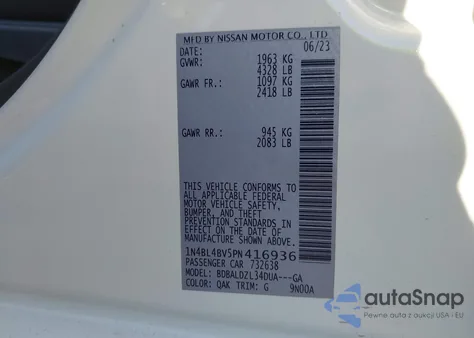 2023 Nissan Altima S Fwd z USA, uszkodzony, nr VIN 1N4BL4BV5PN416936